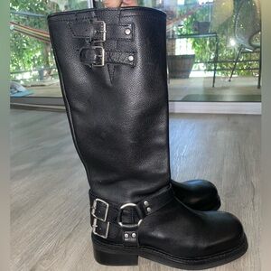 Steve Madden Black Leather Combat Boots with Buckle Details